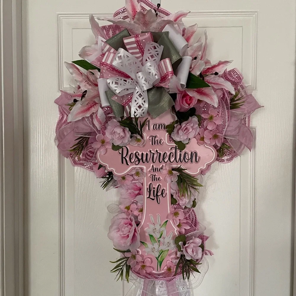 Pink Floral Easter/Resurrection Cross Wreath